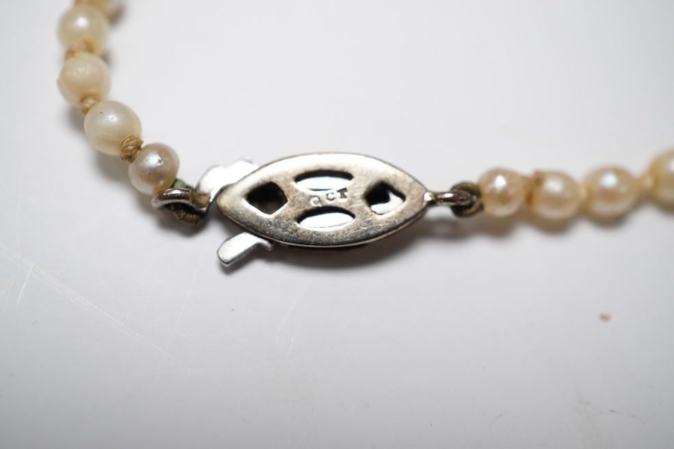 A single strand graduated cultured pearl necklace, with gem set 9ct clasp, 48cm. Condition - fair